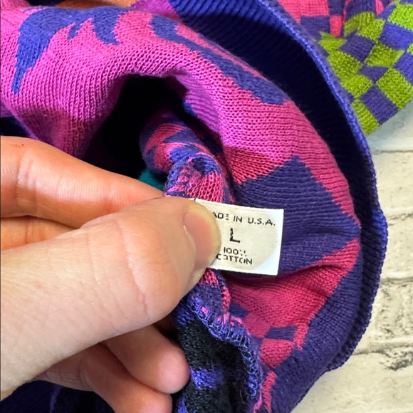 VINTAGE Vittorio Rocchetti mens L Large purple crazy 80s cotton crewneck sweater - Picture 4 of 6